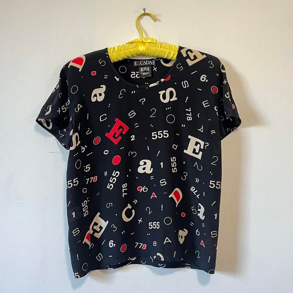 Vintage 1980s Escada Black and Red Graphic Numbers Letters Print Silk Blouse 34